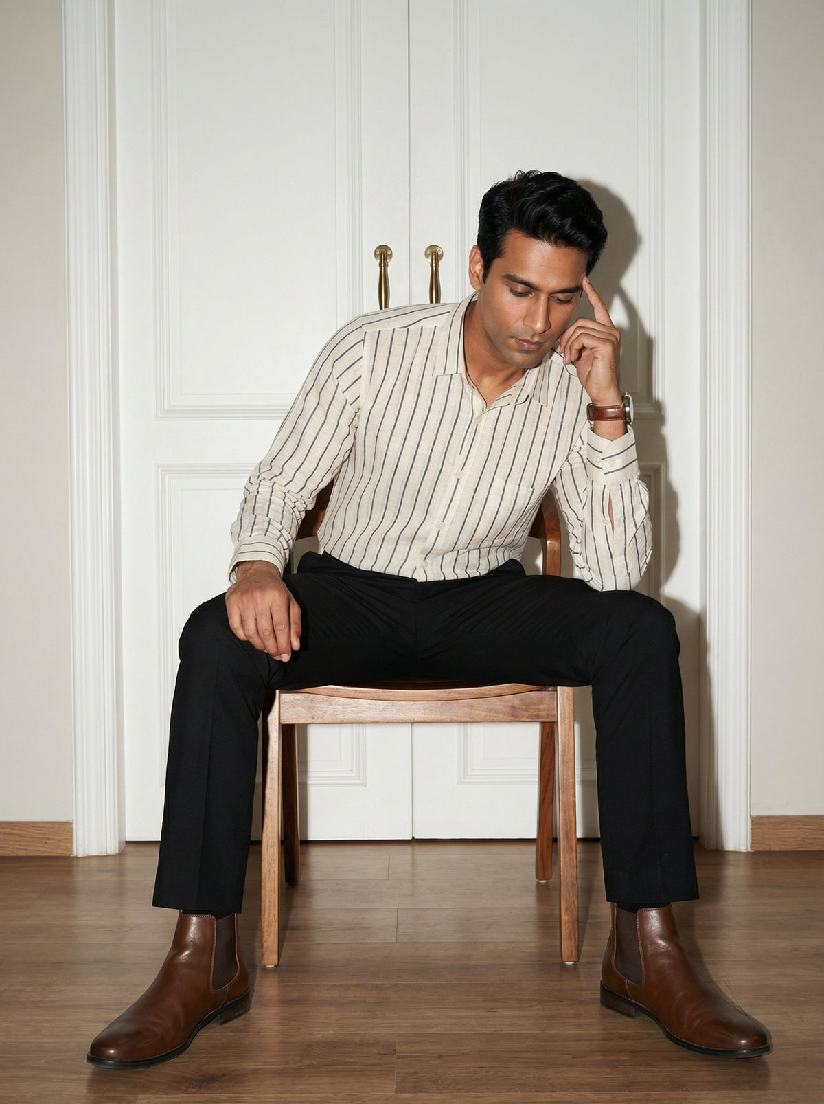 Black Striped Band Collar Handloom Cotton Shirt For Men