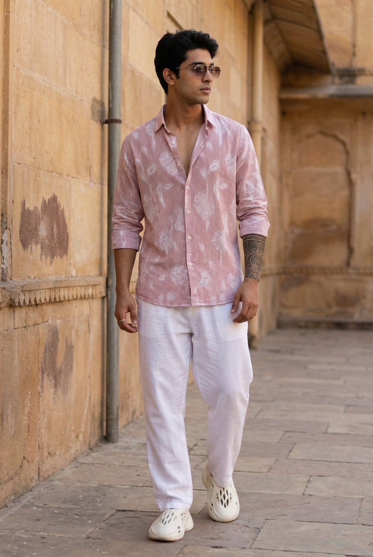 Rust Stripes Floral Print Handloom Cotton Spread Collar Shirt For Men