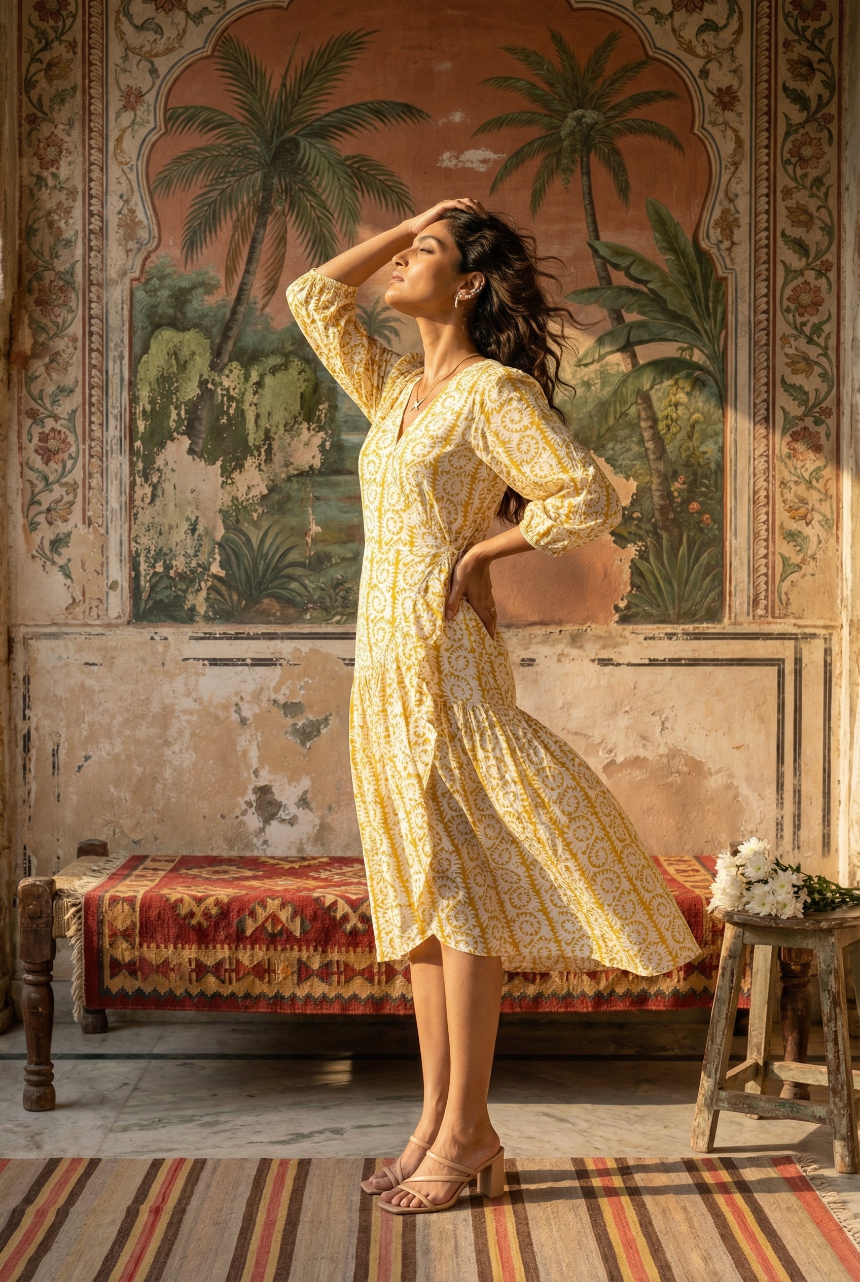 Yellow / S Yellow Motifs V-Neck Pure Cotton Dress For Women
