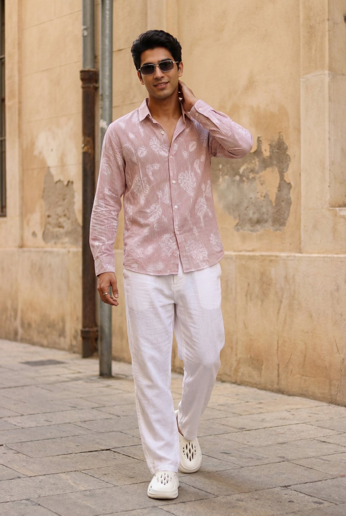 Rust Stripes Floral Print Handloom Cotton Spread Collar Shirt For Men
