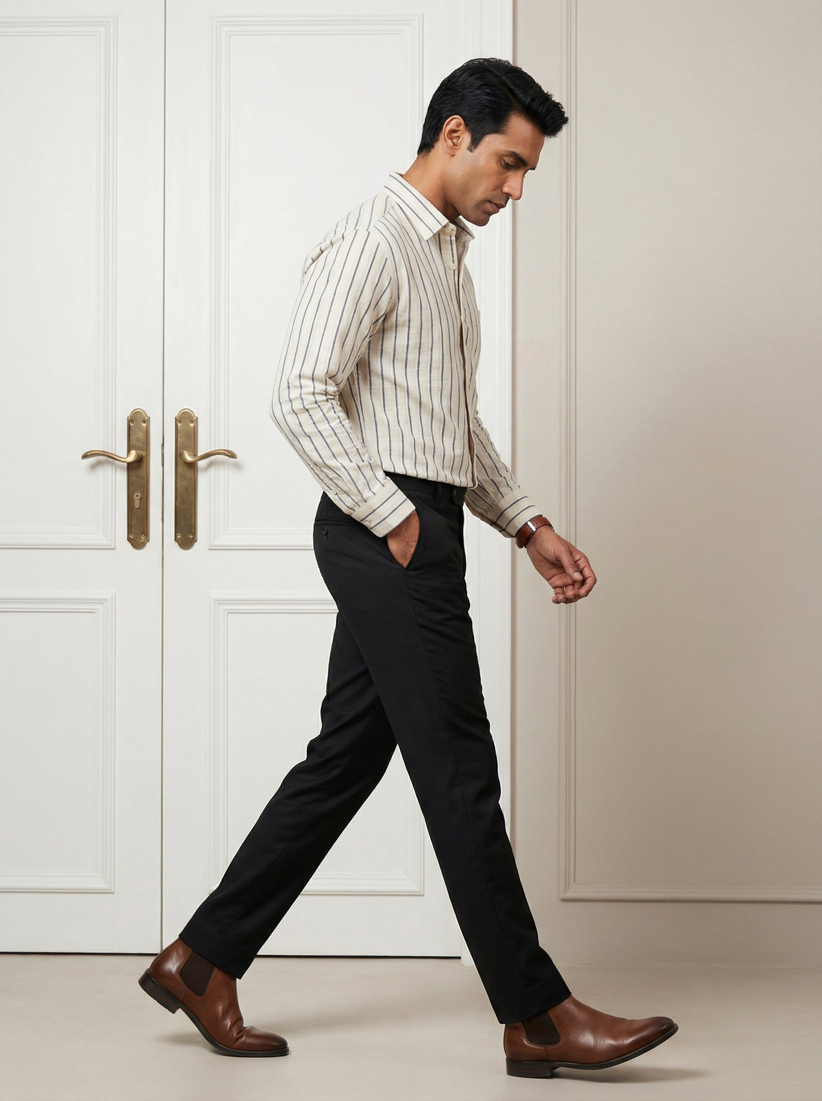 Black Striped Band Collar Handloom Cotton Shirt For Men