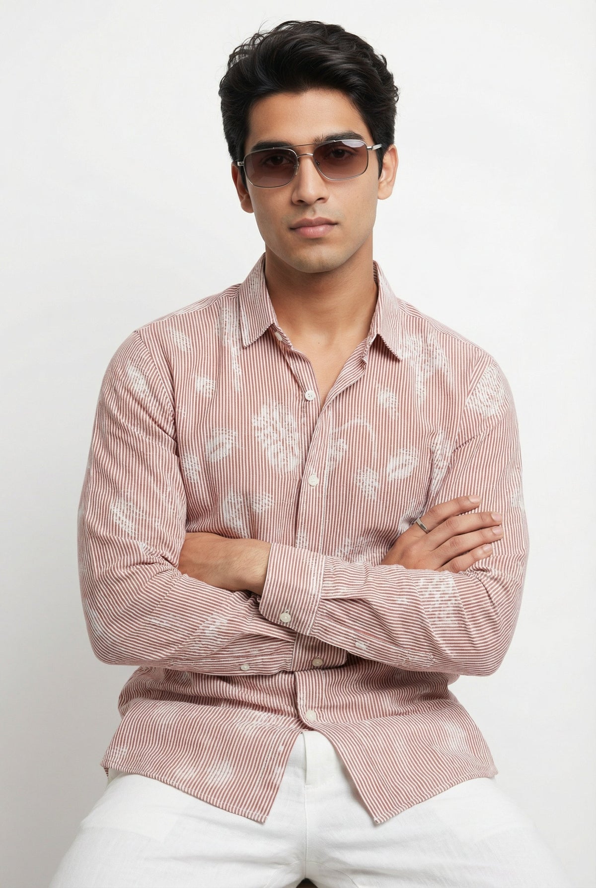 Rust Stripes Floral Print Handloom Cotton Spread Collar Shirt For Men