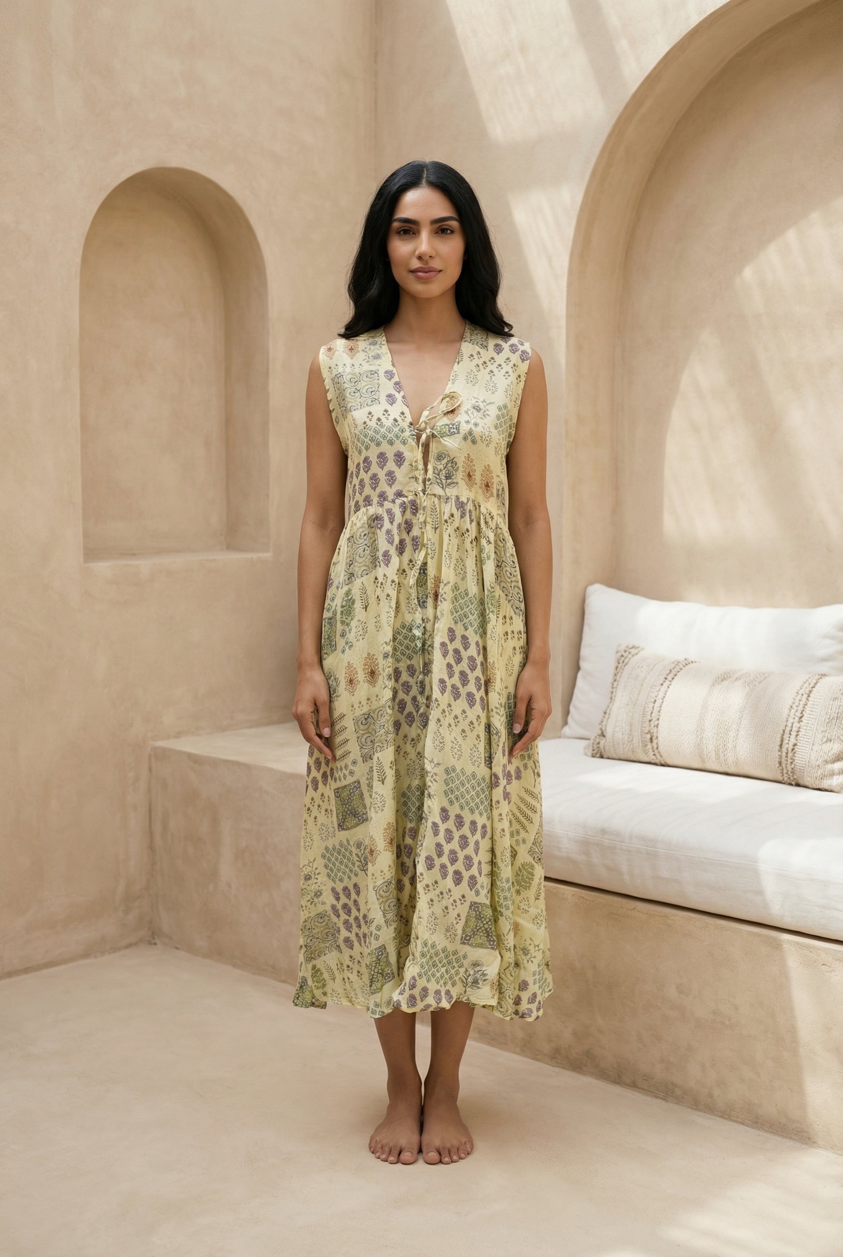 Yellow Ethnic Motifs Print V-Neck Silk Blend Flared Dress for Women