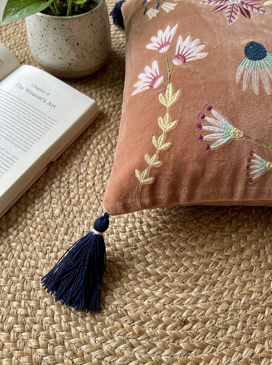 Peach Velvet Rectangular Floral Embroidered Cushion Cover with Tassels
