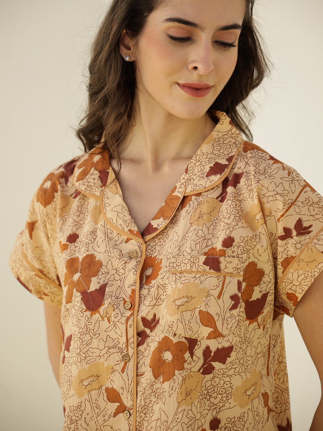 Brown Floral Printed Cotton Night Suit for Women - SanskrutiHomes 