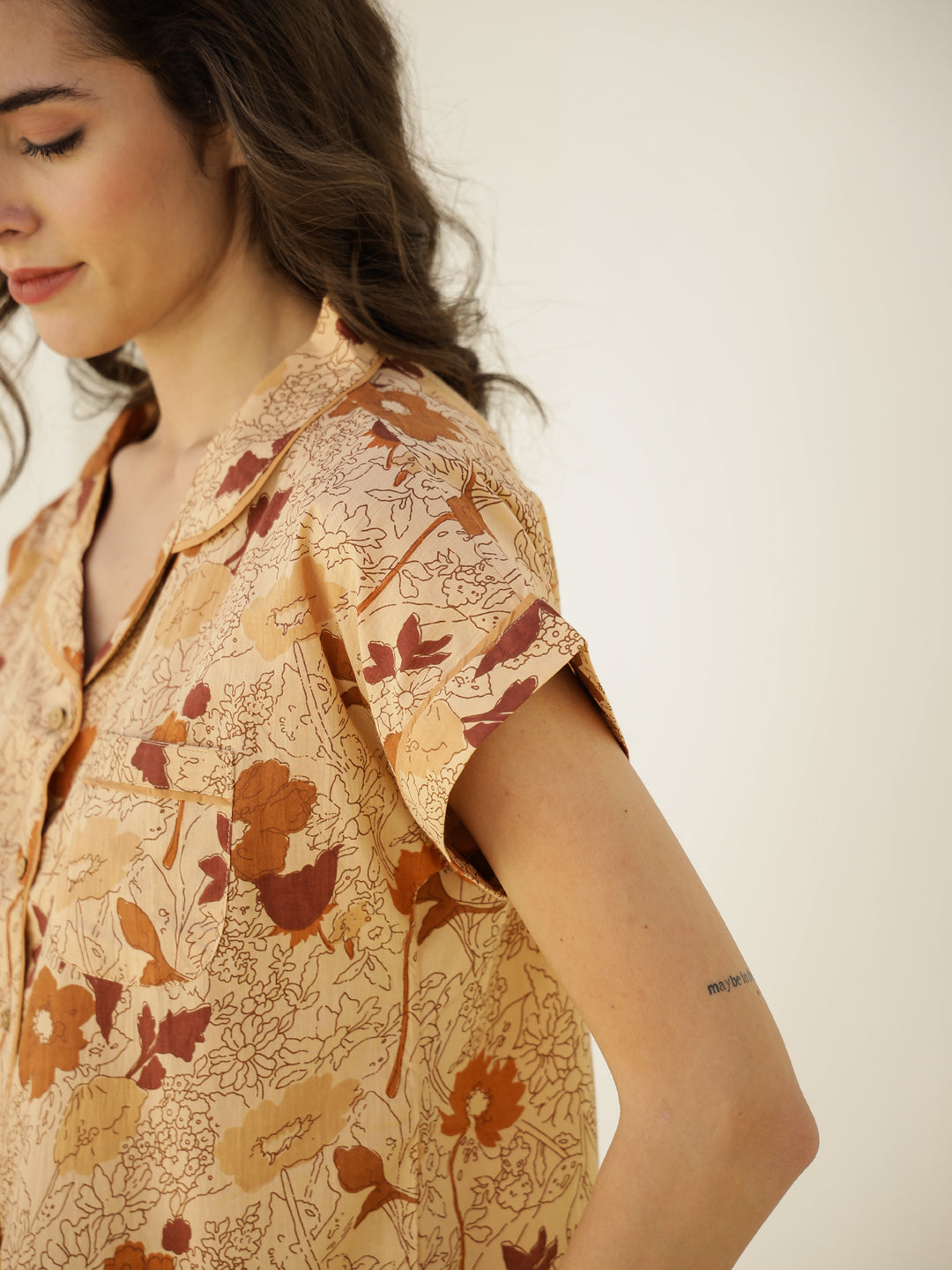 Brown Floral Printed Cotton Night Suit for Women - SanskrutiHomes 