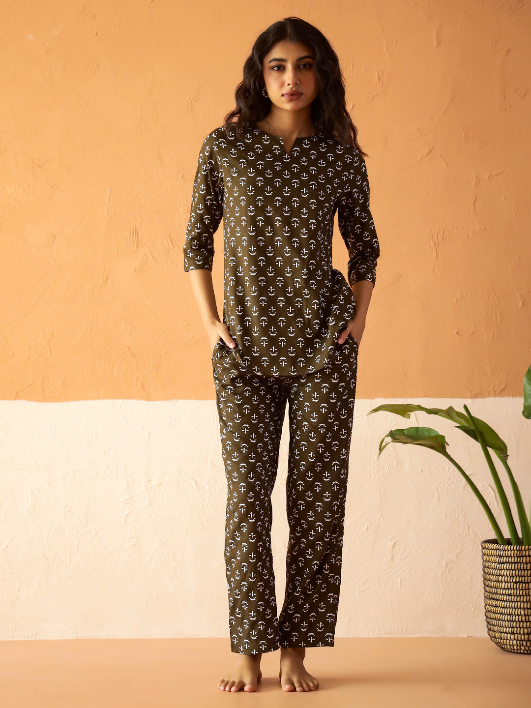 Olive Round Neck Viscose Rayon Printed  Night Suit For Women