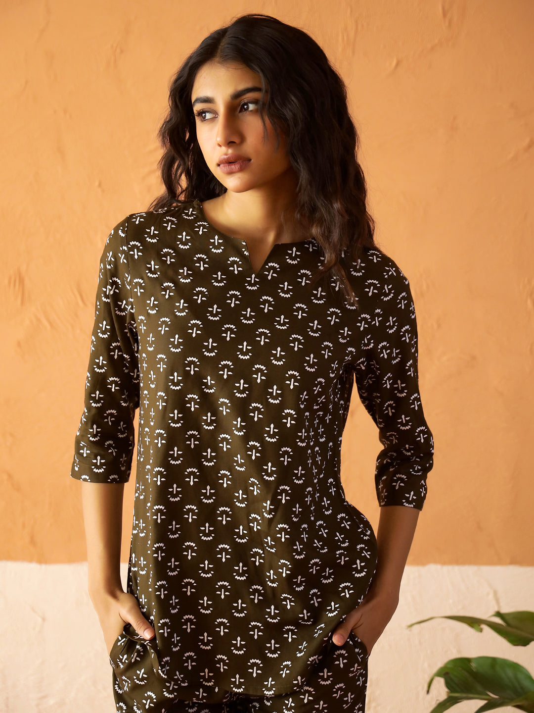Olive Round Neck Viscose Rayon Printed  Night Suit For Women