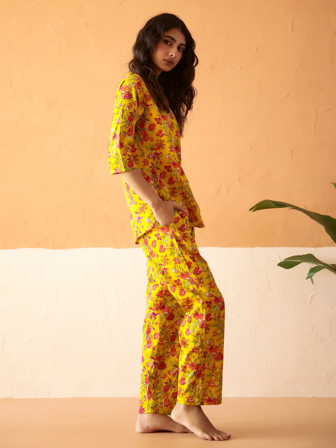 Yellow Round Neck Pure Cotton Printed Floral Night Suit For Women