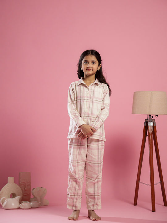 Pink Checked Printed Cotton Night Suit for Kids