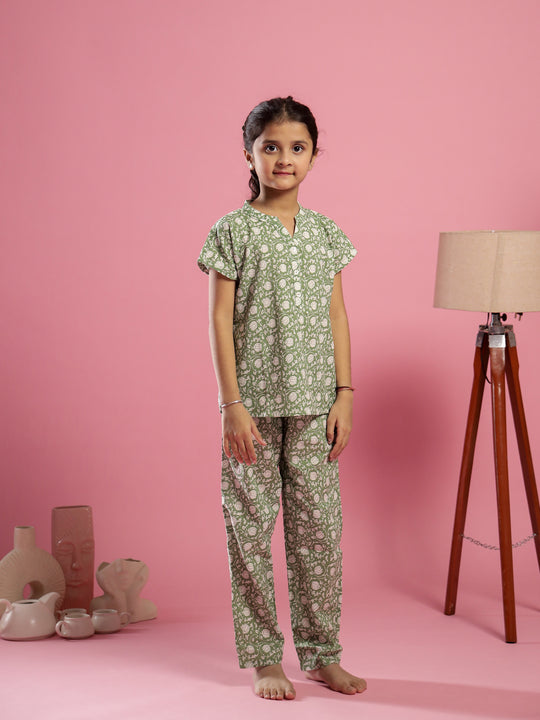 Green Floral Printed Round Neck Night Suit for Kids