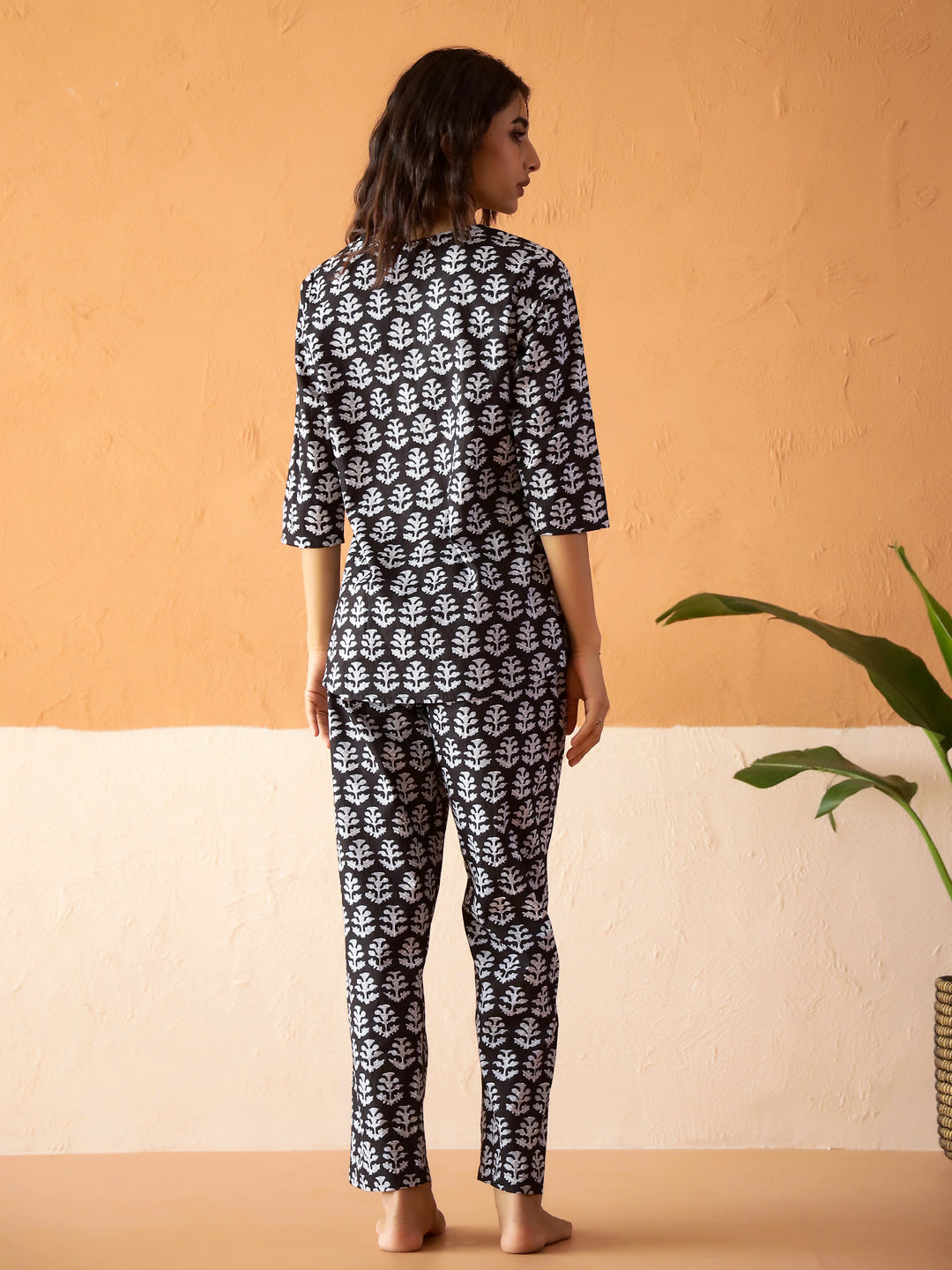 Black Round Neck Pure Cotton Printed Floral Night Suit For Women