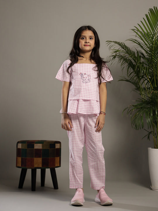 Pink Check Printed Square Neck Cotton Co-ords Set