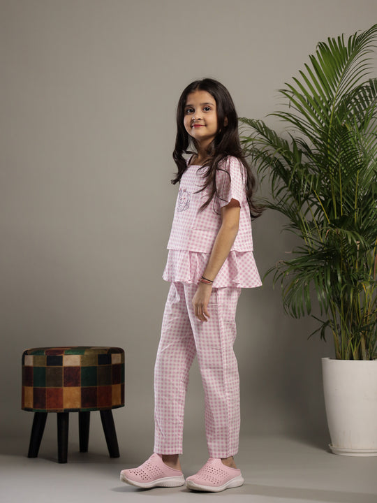 Pink Check Printed Square Neck Cotton Co-ords Set
