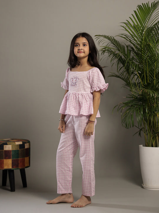 Pink Check Printed Round Neck Cotton Co-ords Set