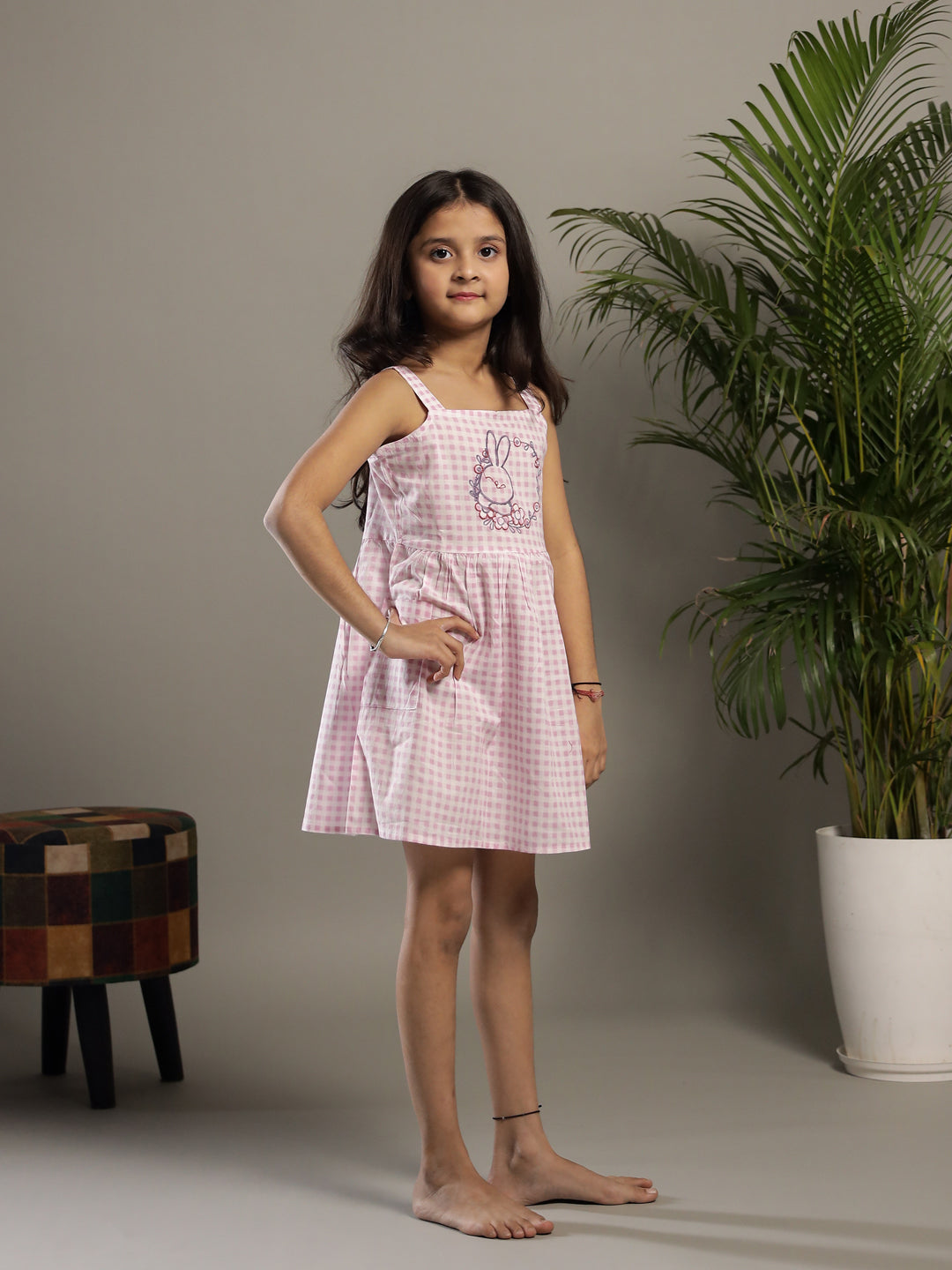 Lavender Color Check Design Dress For Kids