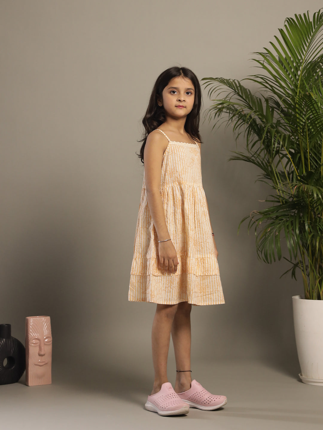 Yellow Floral Printed Cotton Dress for Kids - SanskrutiHomes 