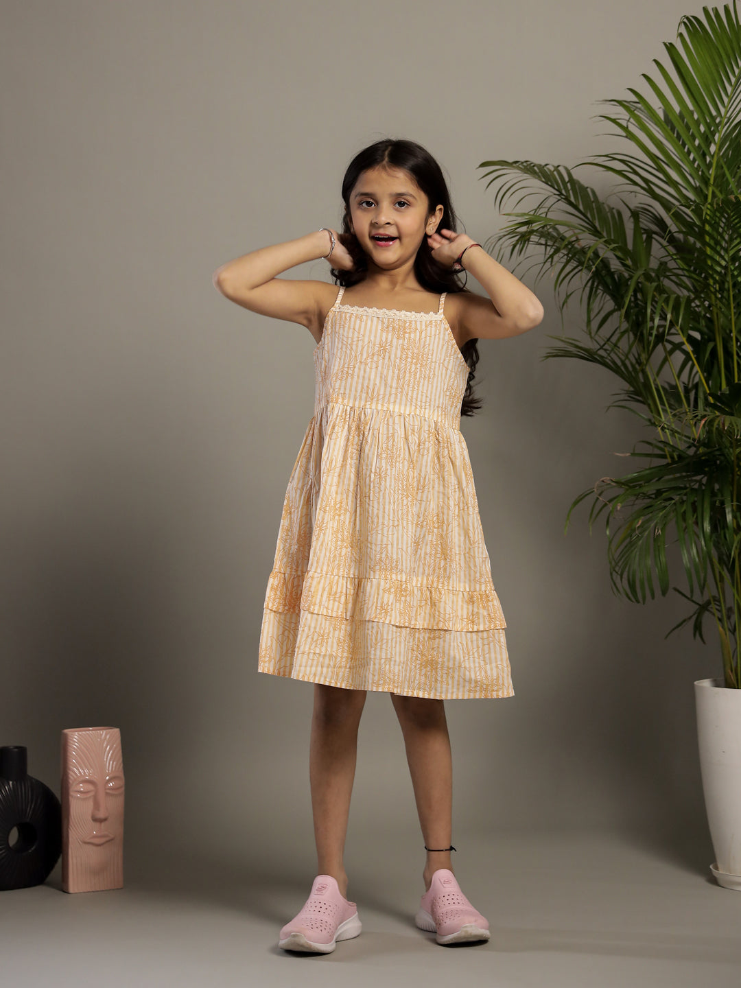 Yellow Floral Printed Cotton Dress for Kids