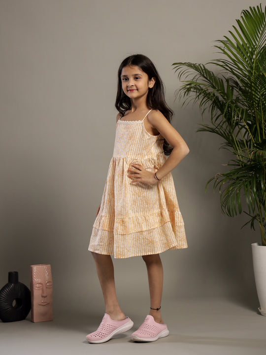 Yellow Floral Printed Cotton Dress for Kids
