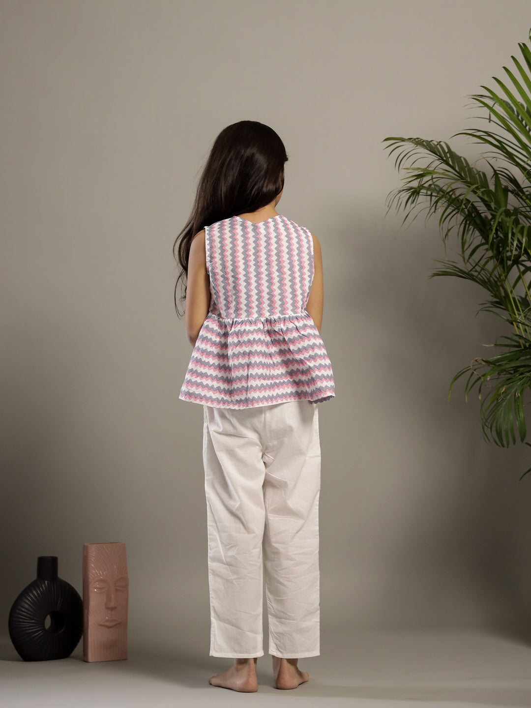 White Geometric Print V-Neck Co-Ords Set For Kids