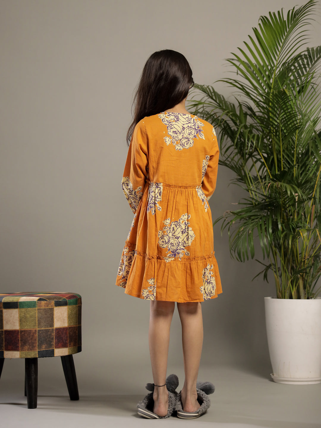 Orange V-Neck Printed Cotton Dress for Kids