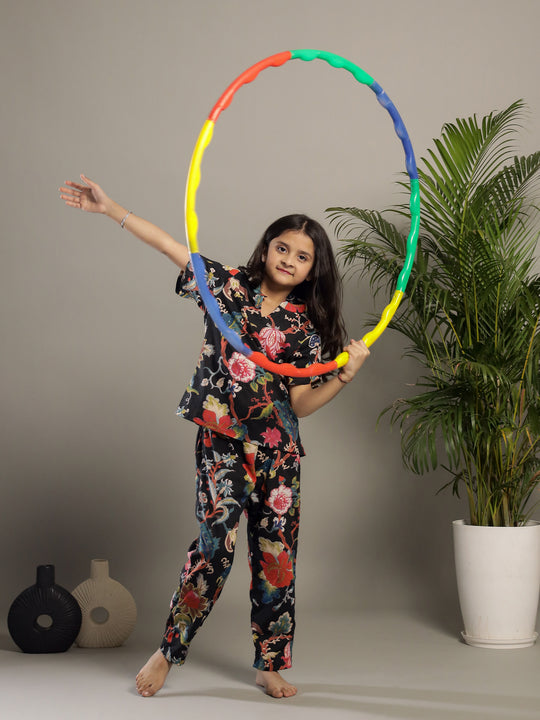 Black Multicolor Floral Printed Night Suit for Kids