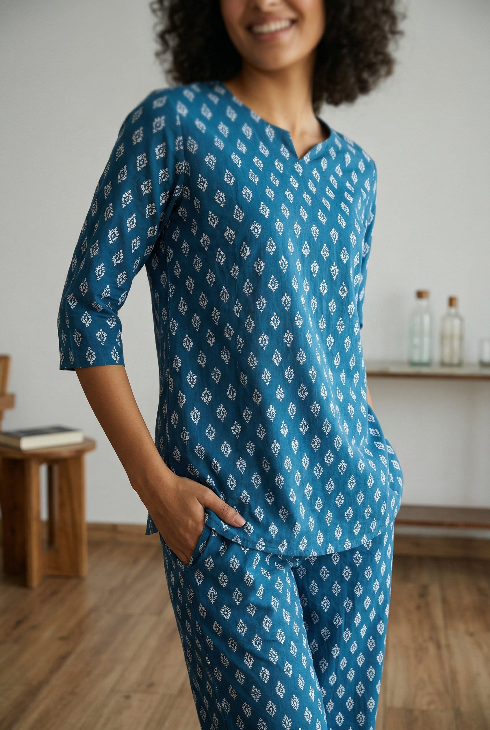 Blue Round Neck Motif Print Pure Cotton Night Suit For Women
