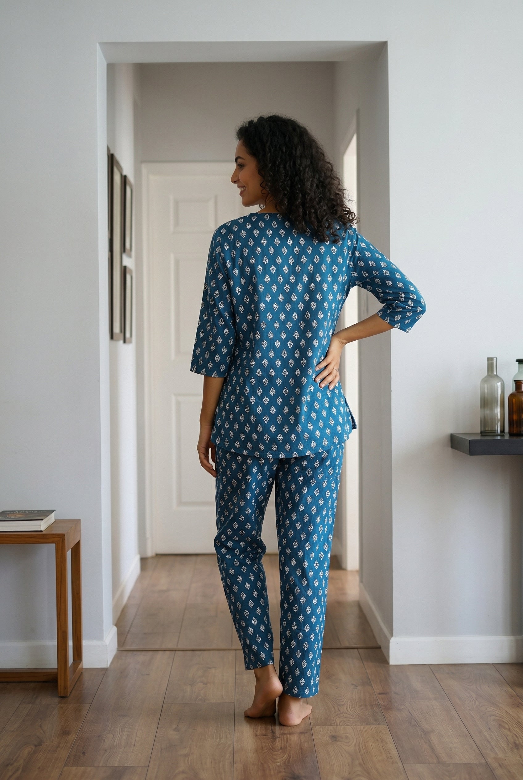 Blue Round Neck Motif Print Pure Cotton Night Suit For Women