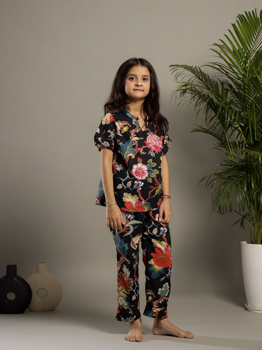 Black Multicolor Floral Printed Night Suit for Kids