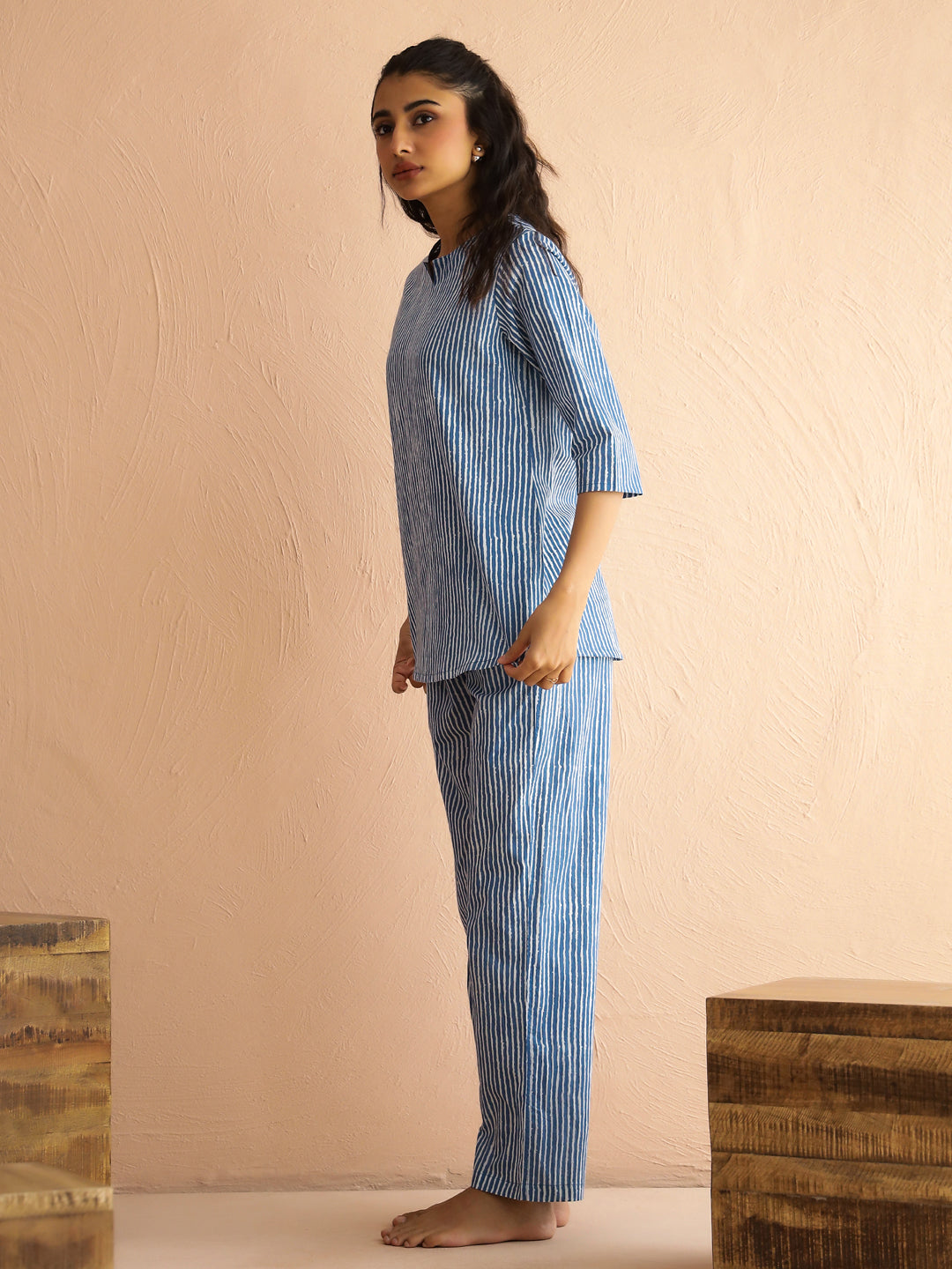 Blue Round Neck Pure Cotton Printed Striped Night Suit For Women