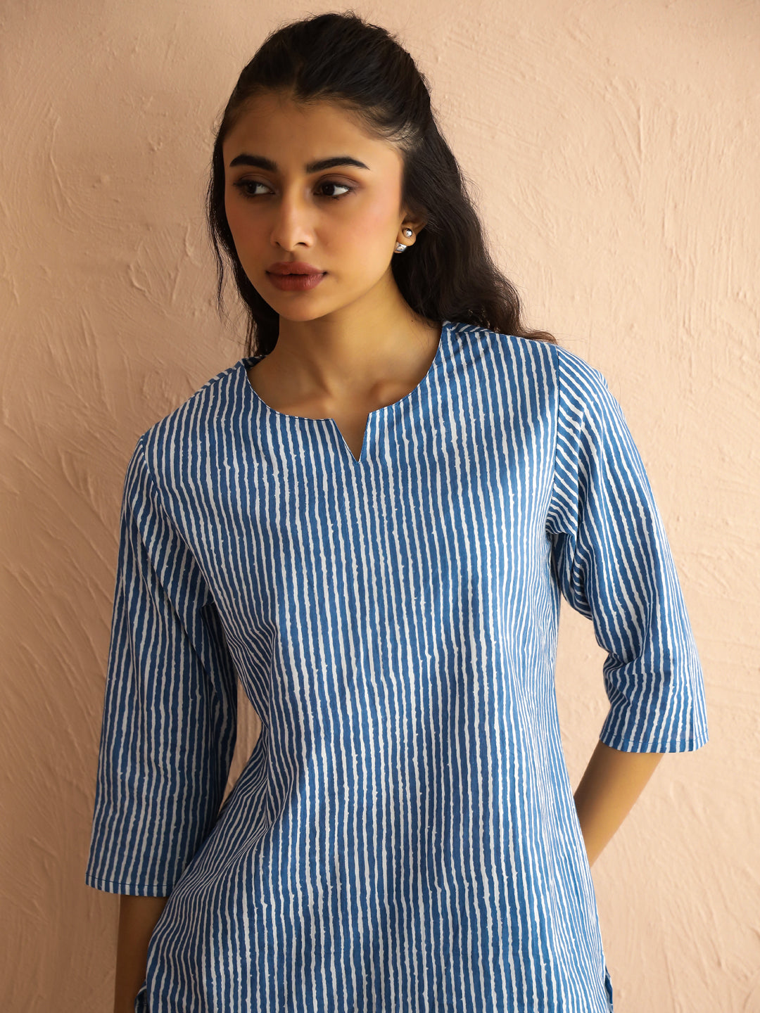 Blue Round Neck Pure Cotton Printed Striped Night Suit For Women