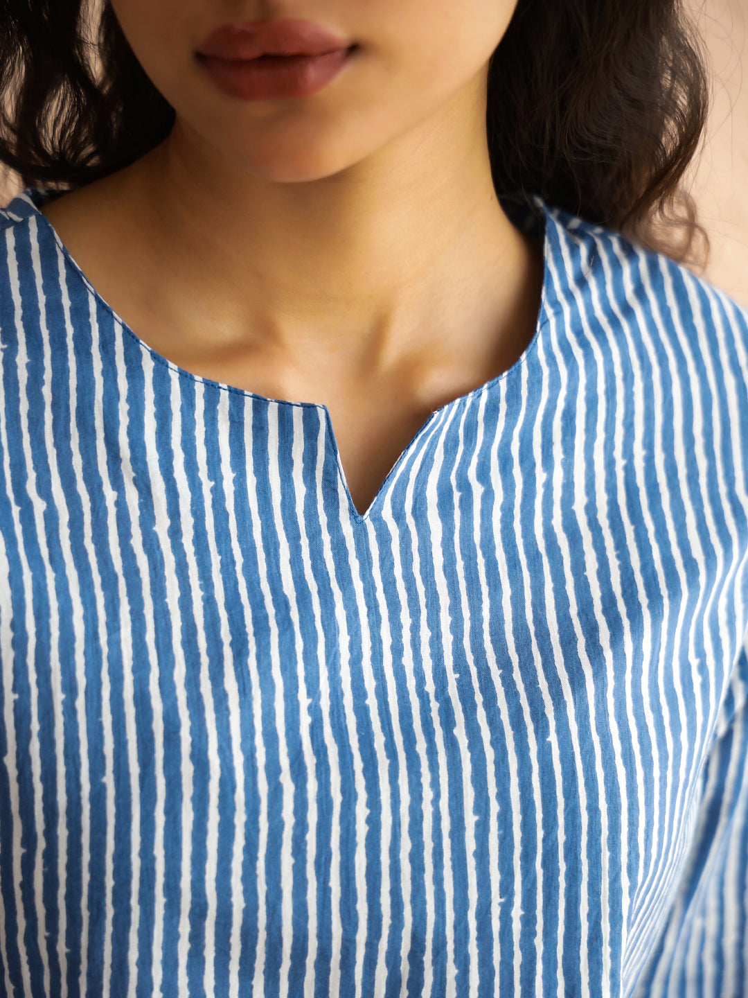 Blue Round Neck Pure Cotton Printed Striped Night Suit For Women