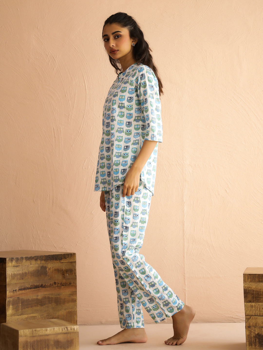 White Round Neck Pure Cotton Printed Animal Night Suit For Women