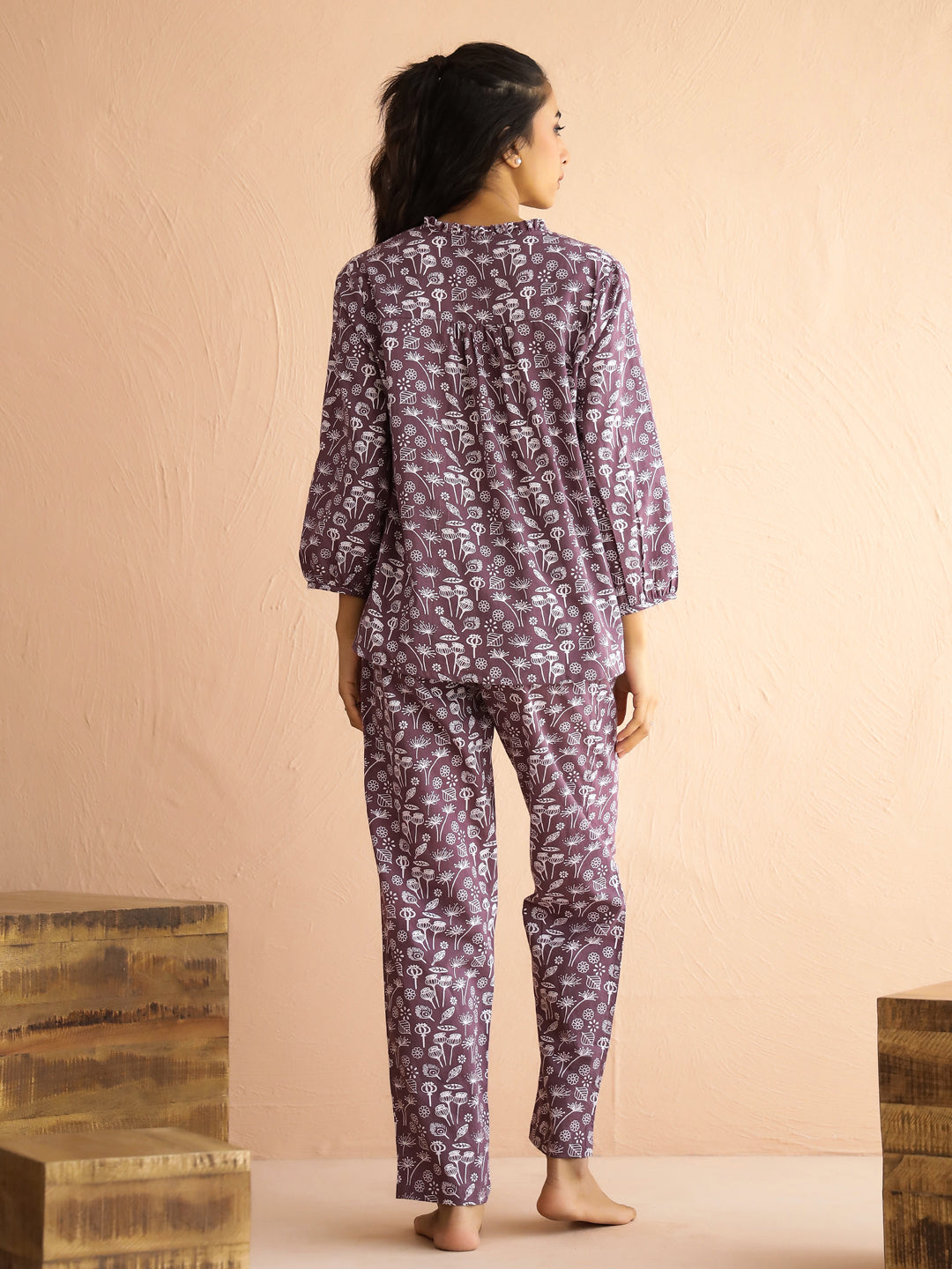 Mauve V-Neck Pure Cotton Printed Floral Night Suit For Women