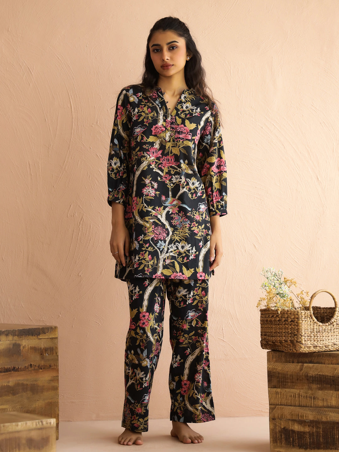 Olive Mandarin Collar Pure Cotton Printed Floral Night Suit For Women