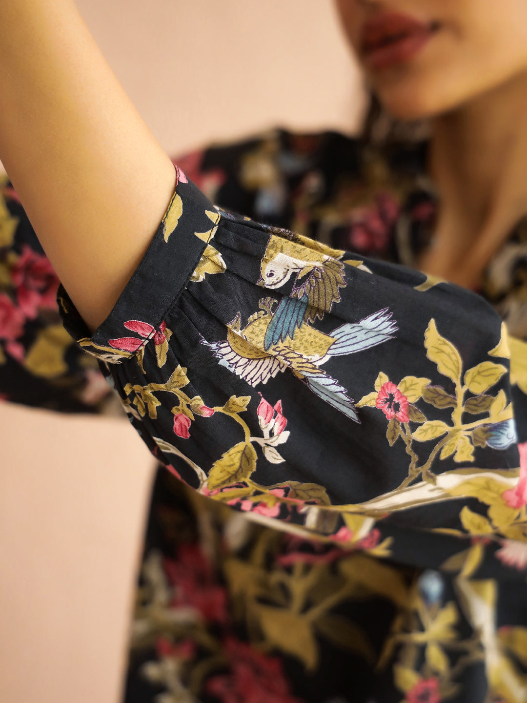 Olive Mandarin Collar Pure Cotton Printed Floral Night Suit For Women