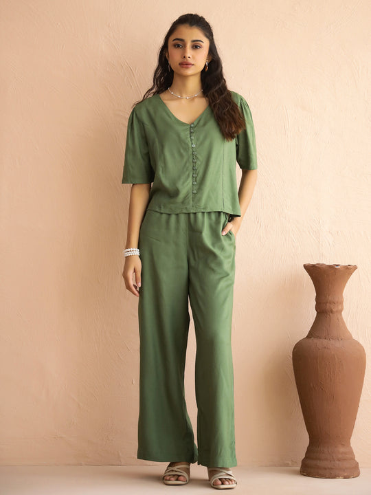 Green V-Neck Viscose Rayon Top Checked Co-ords Set for Women