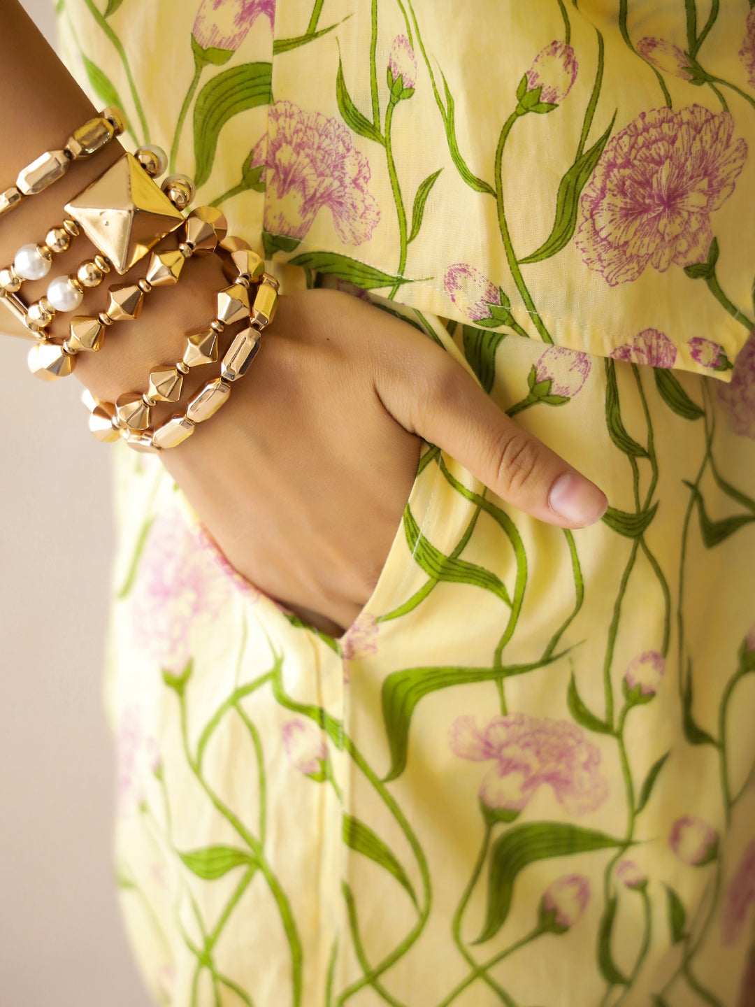 Yellow V-Neck Pure Cotton Printed Floral Night Suit For Women