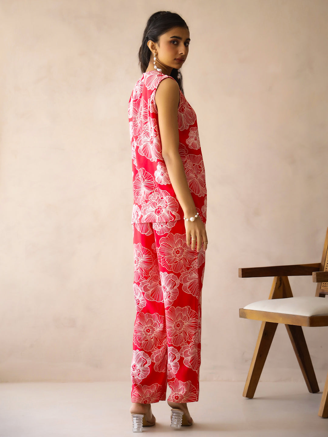 Red V-Neck Viscose Rayon Printed Floral Night Suit For Women