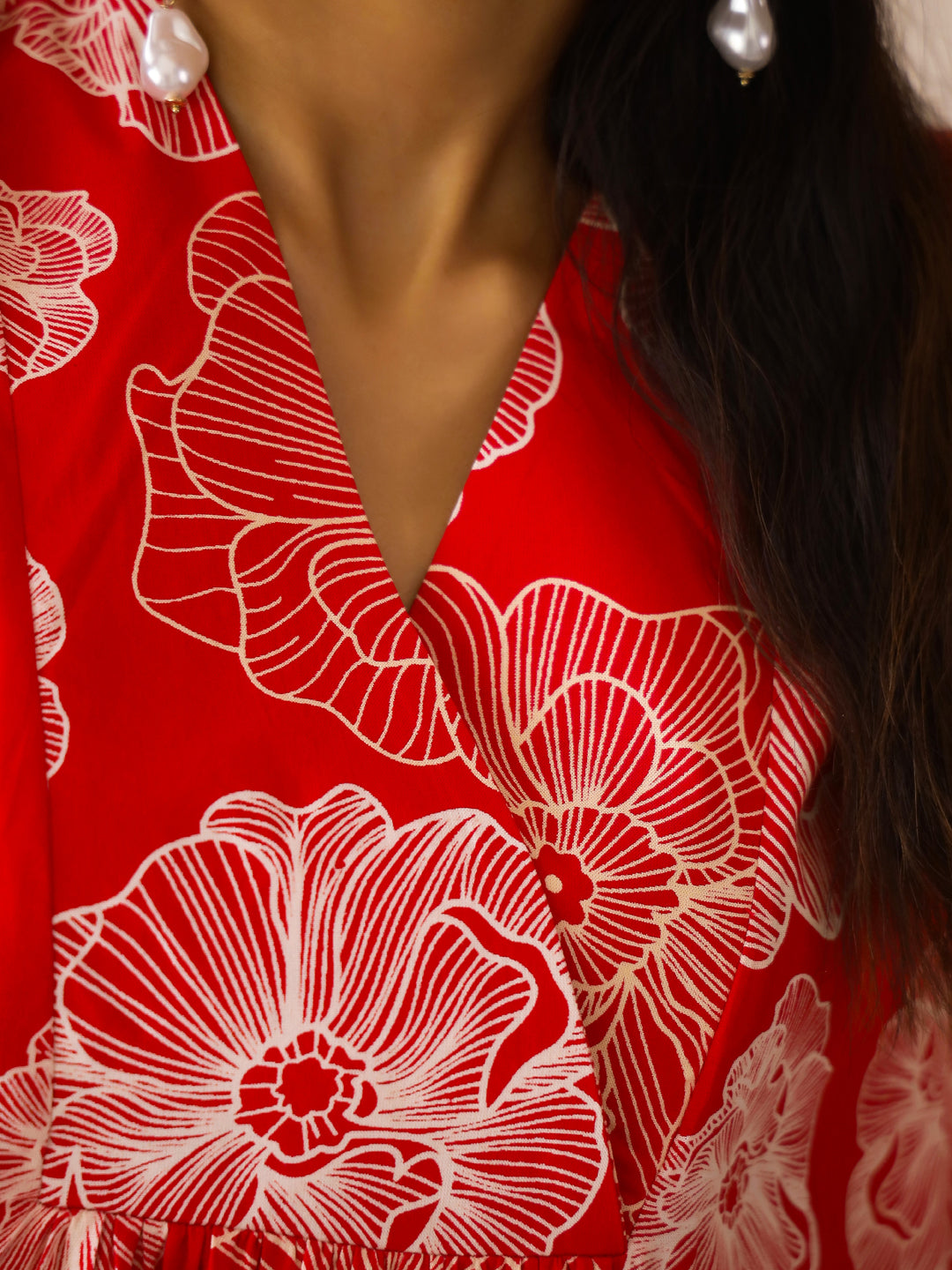 Red V-Neck Viscose Rayon Printed Floral Night Suit For Women