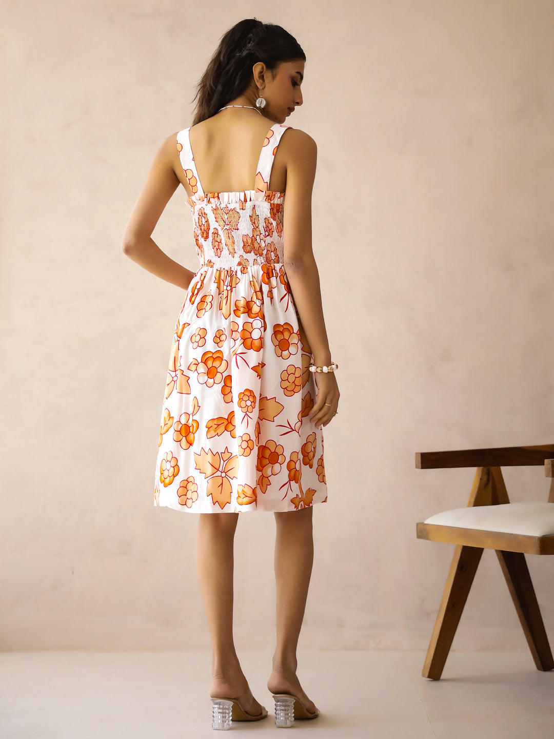 White Viscose Rayon Printed Square Neck Dress for Women