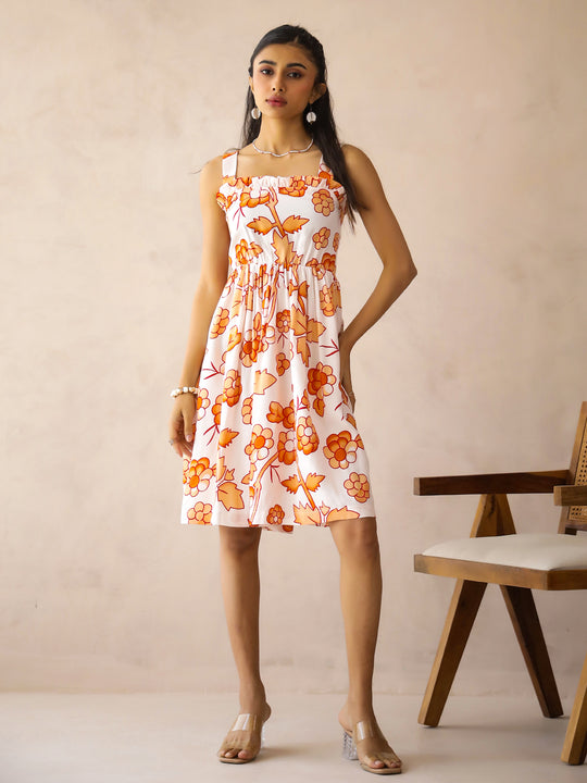 White Viscose Rayon Printed Square Neck Dress for Women