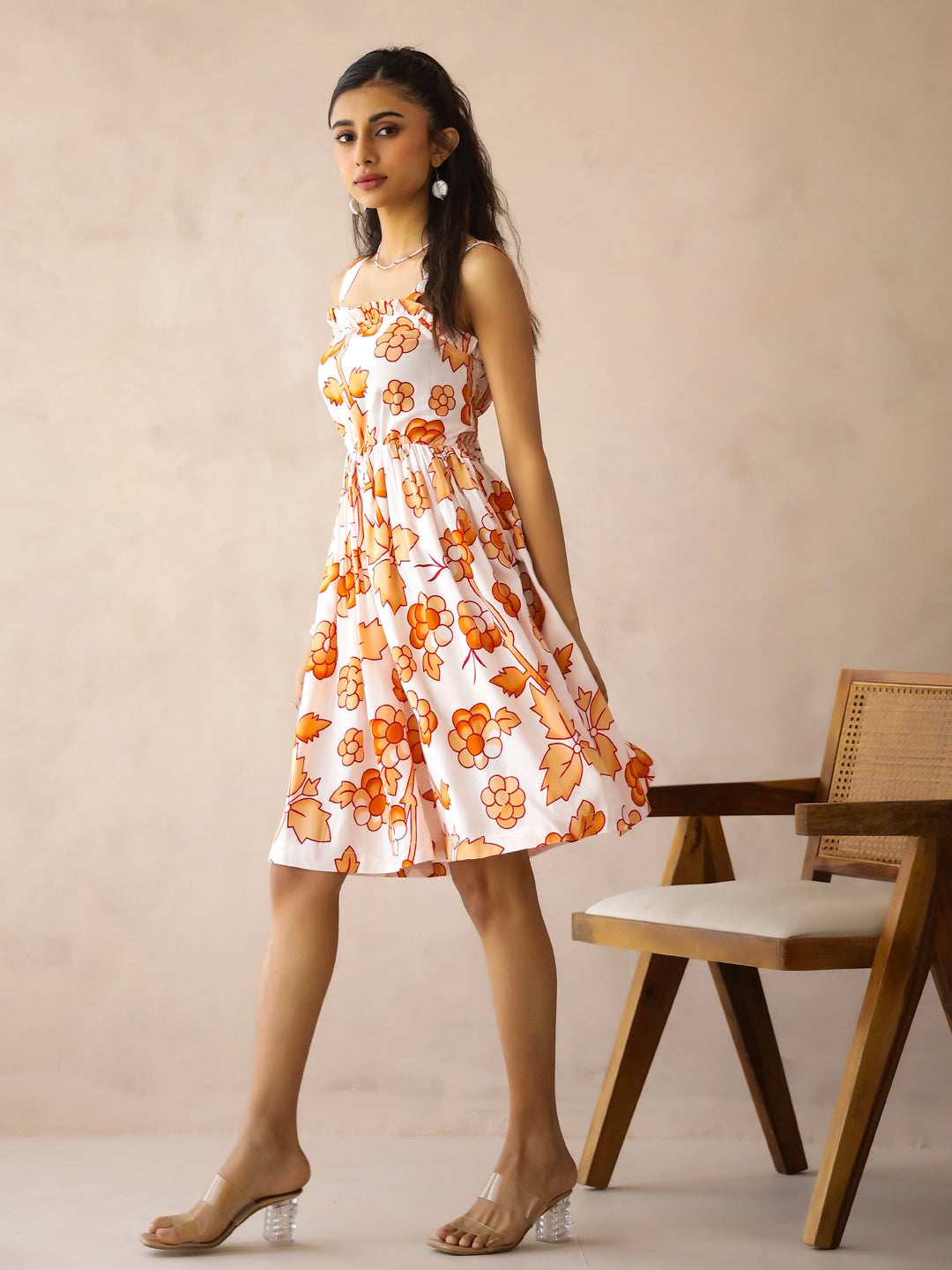 White Viscose Rayon Printed Square Neck Dress for Women