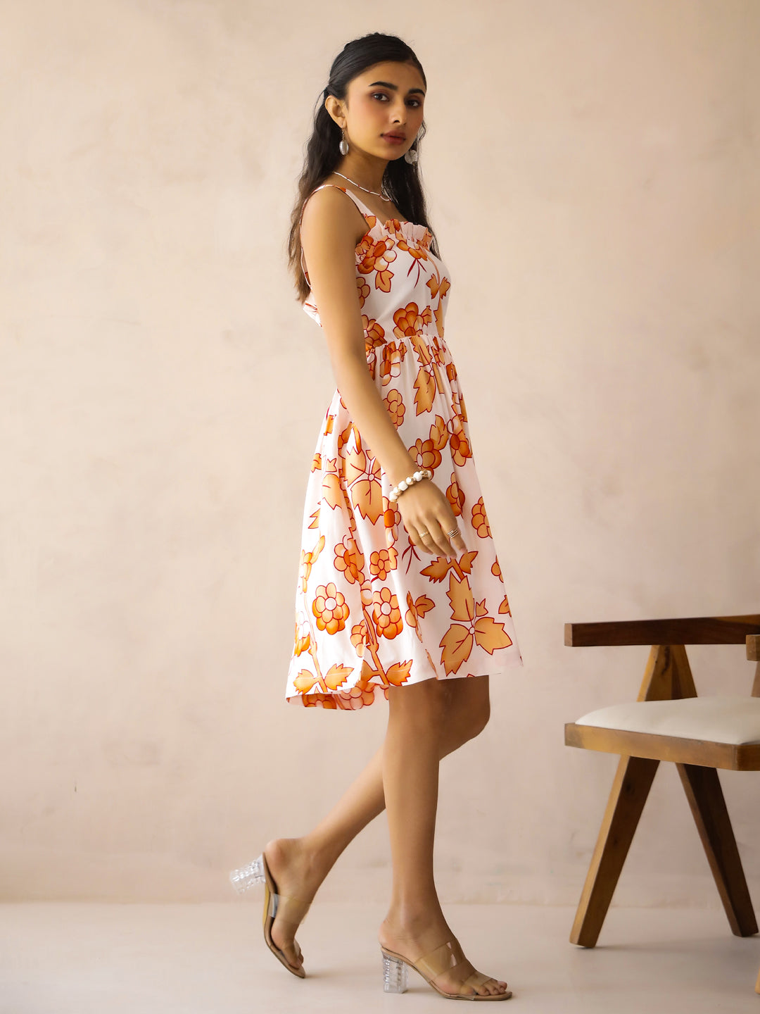 White Viscose Rayon Printed Square Neck Dress for Women