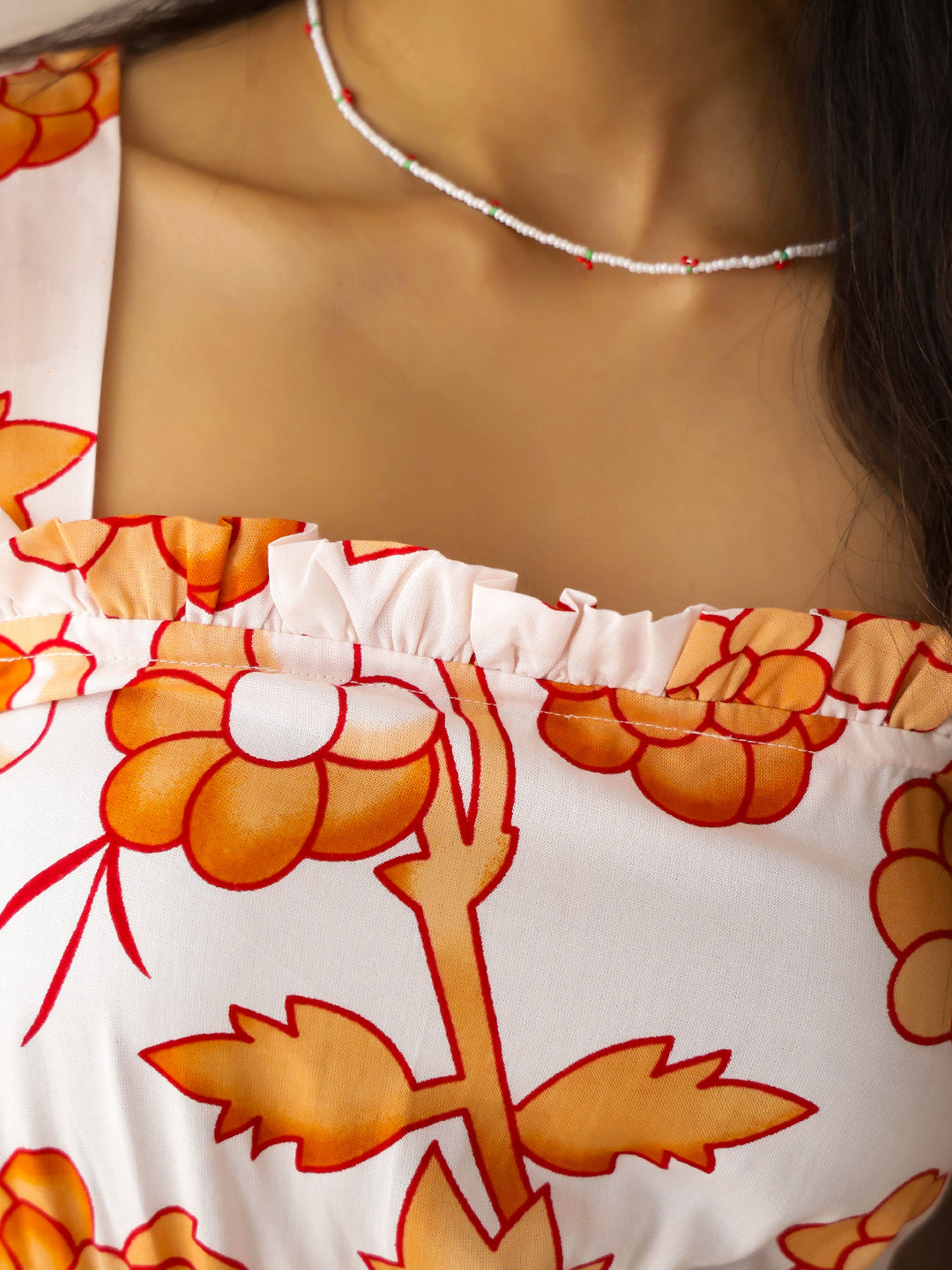 White Viscose Rayon Printed Square Neck Dress for Women