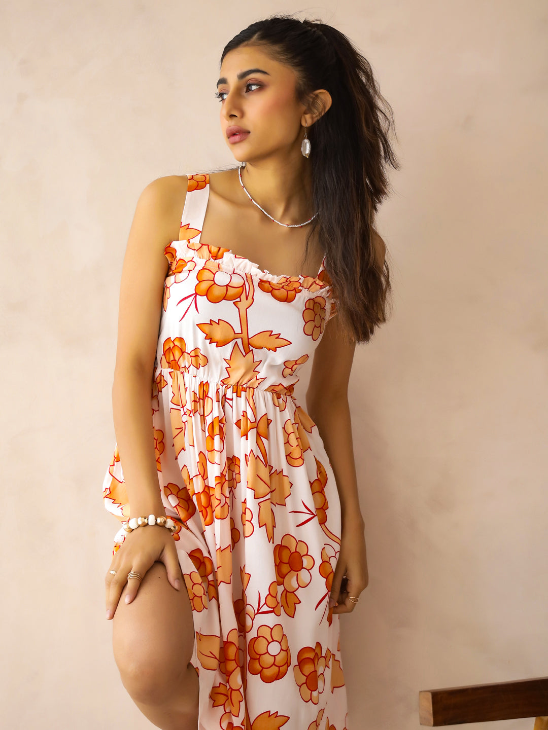 White Viscose Rayon Printed Square Neck Dress for Women