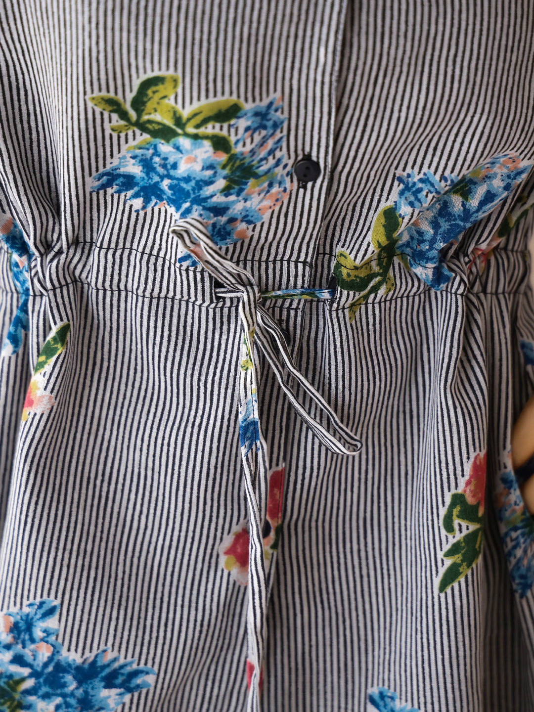 Blue Lapel Collar Pure Cotton Striped Striped Night Suit For Women