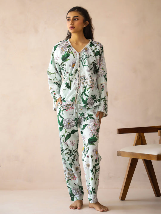 Blue V-Neck Pure Cotton Top Printed Co-ords Set for Women