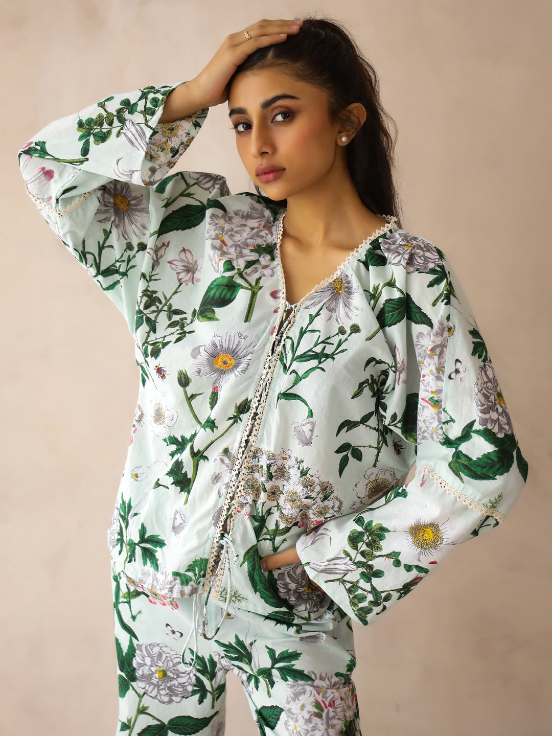 Blue V-Neck Pure Cotton Top Printed Co-ords Set for Women