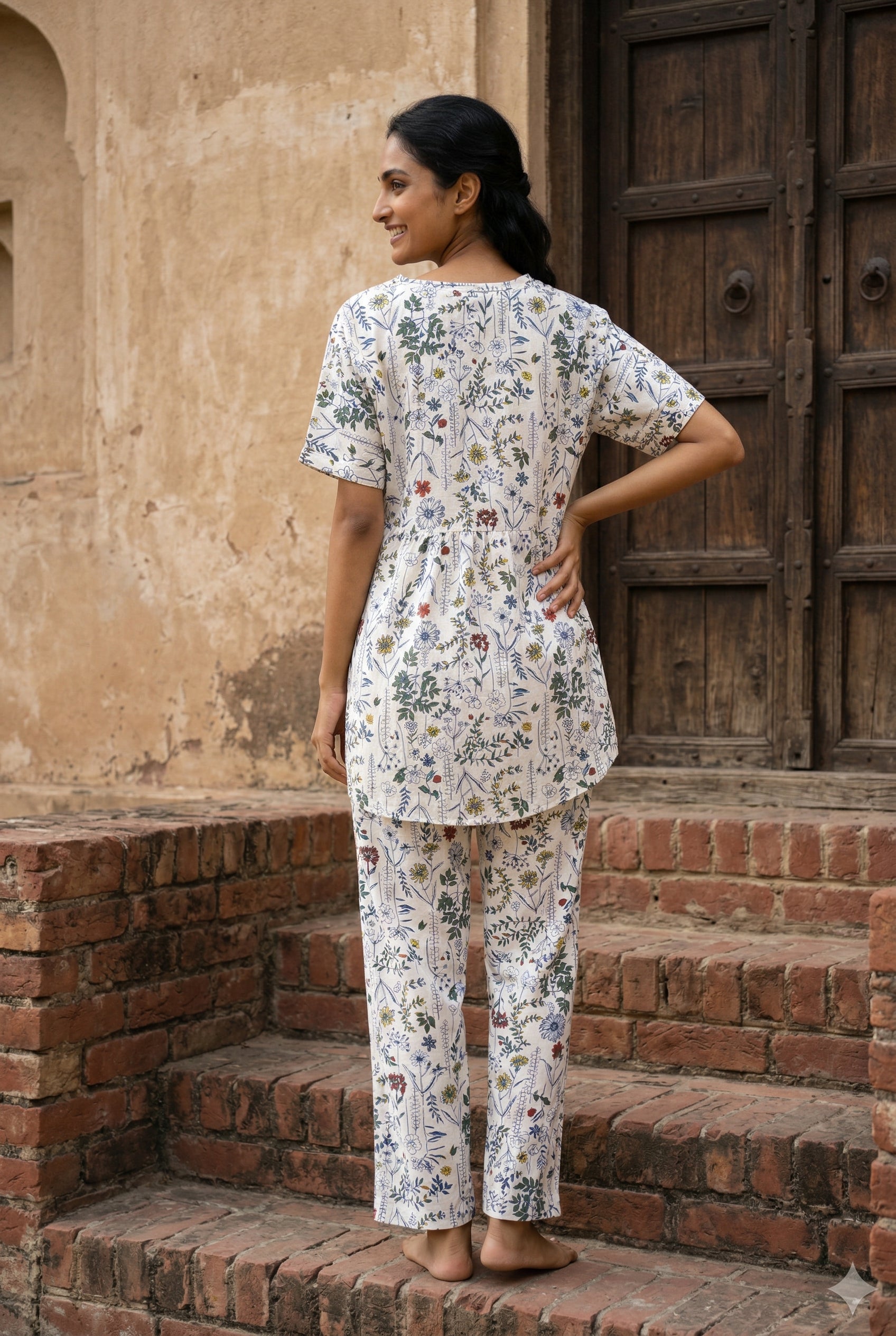 White Mandarin Collar Pure Cotton Top Printed Co-Ords Set For Women